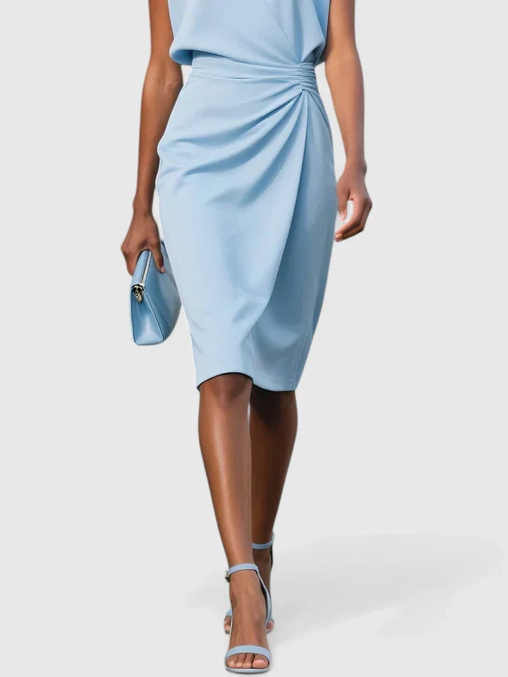 Marguerite light blue keyhole wrap midi dress, close-up of ruched waist