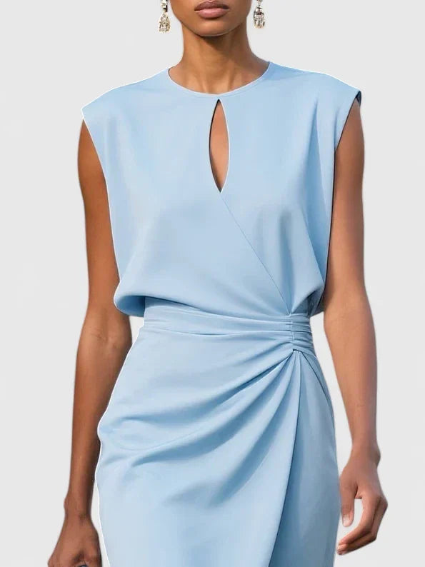 Marguerite light blue keyhole wrap midi dress, close-up of neckline and bodice