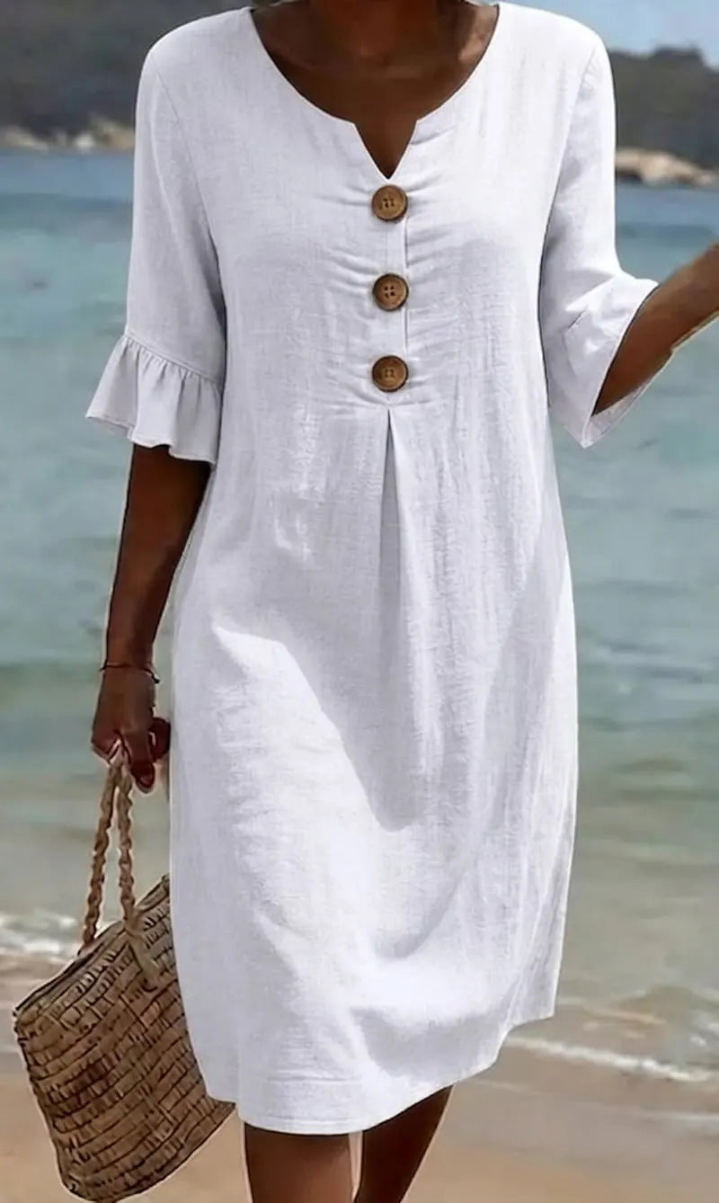 Marigold white button front midi dress with flutter sleeves, front view close-up
