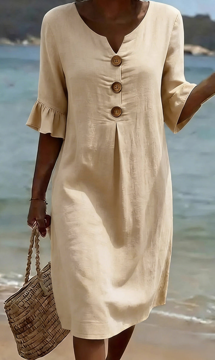 Marigold apricot button front flutter sleeve midi dress