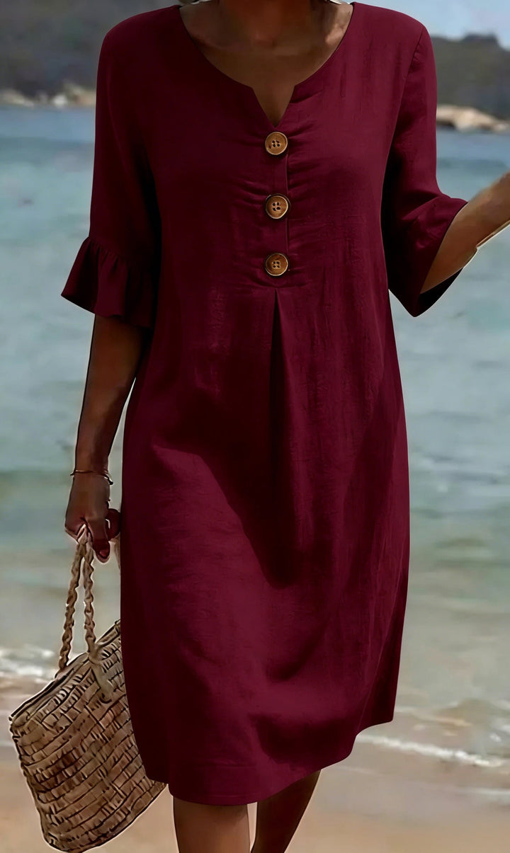 Marigold burgundy button front flutter sleeve midi dress