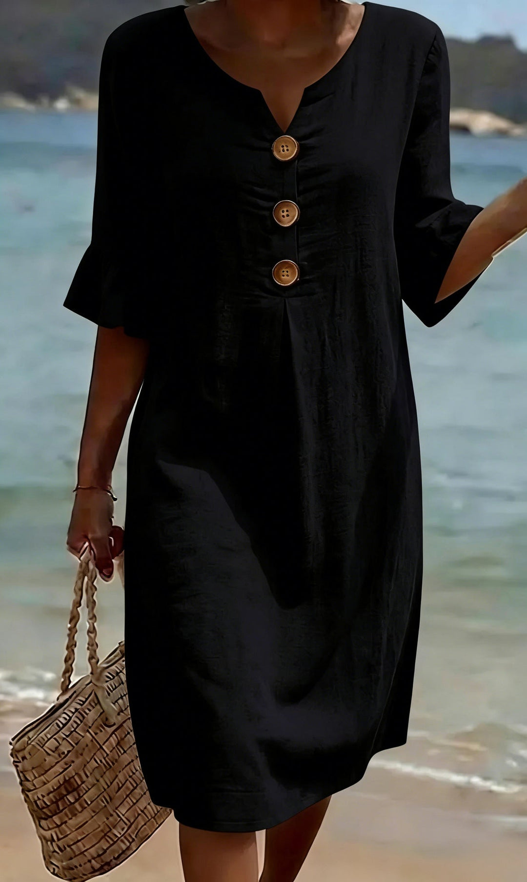 Marigold black button front flutter sleeve midi dress