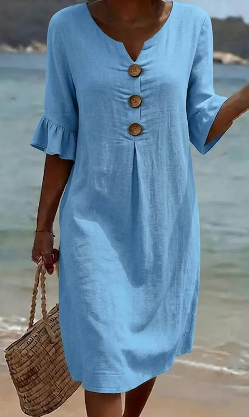 Marigold blue button front flutter sleeve midi dress
