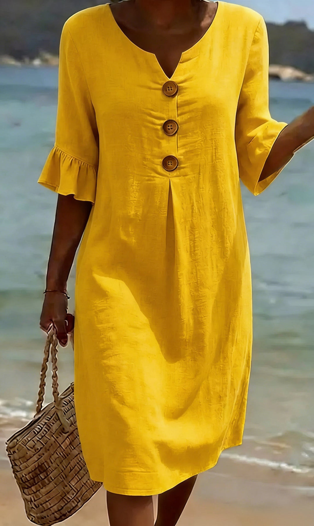 Marigold yellow button front flutter sleeve midi dress