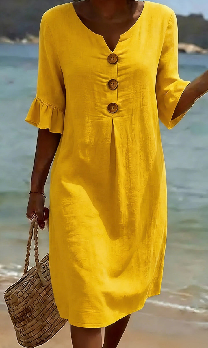 Marigold yellow button front flutter sleeve midi dress