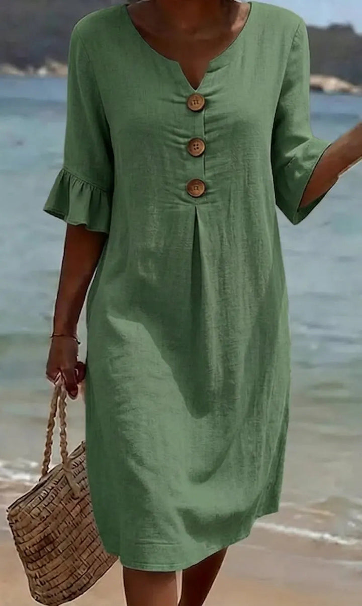 Marigold green button front flutter sleeve midi dress