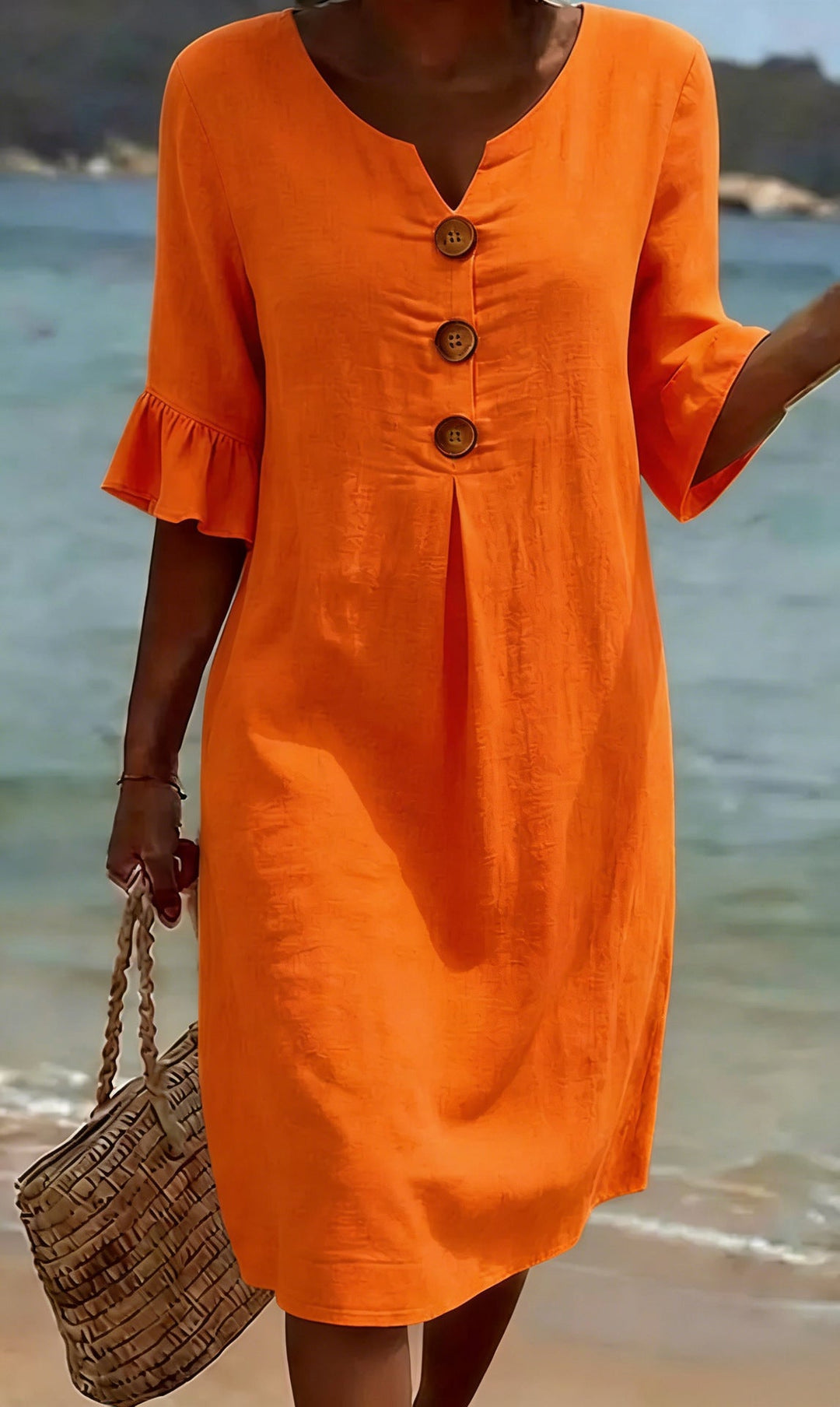 Marigold orange button front flutter sleeve midi dress
