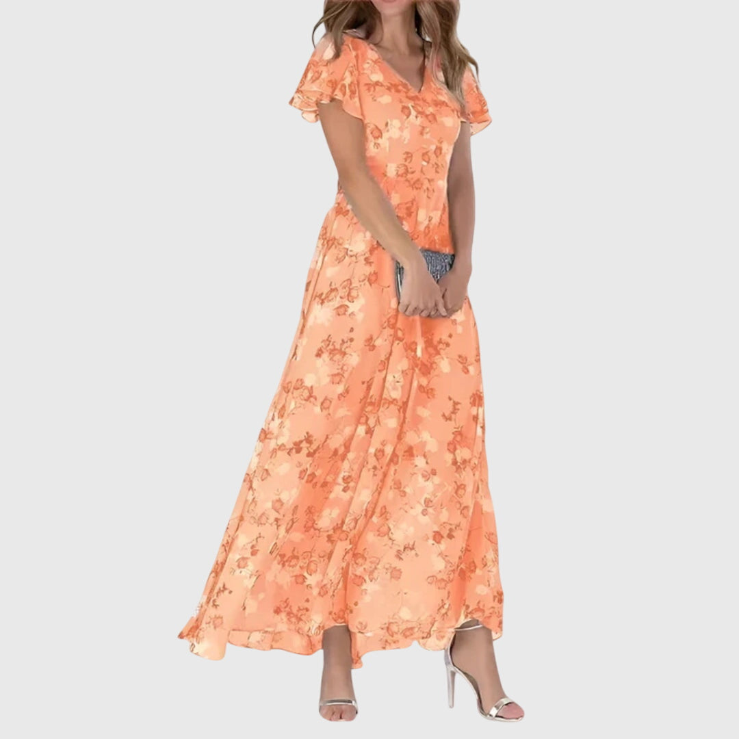 Marigold floral V-neck maxi dress in orange, front angled view