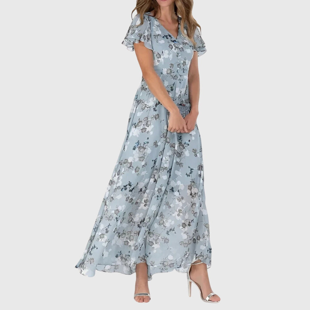 Marigold floral V-neck maxi dress in blue, front angled view