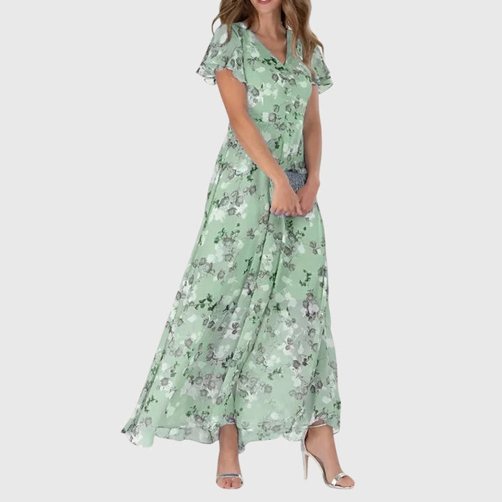 Marigold floral V-neck maxi dress in green, front angled view