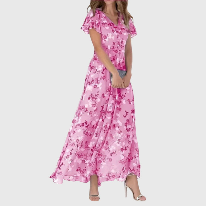 Marigold floral V-neck maxi dress in pink, front angled view