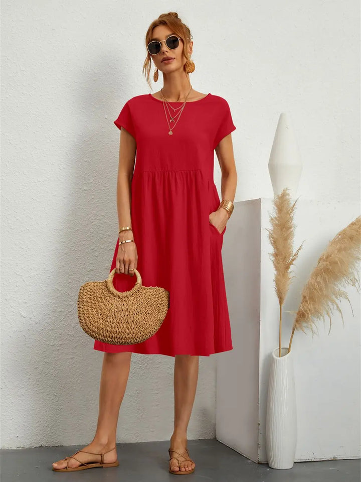 Odessa red round neck short sleeve midi dress with pockets, front view