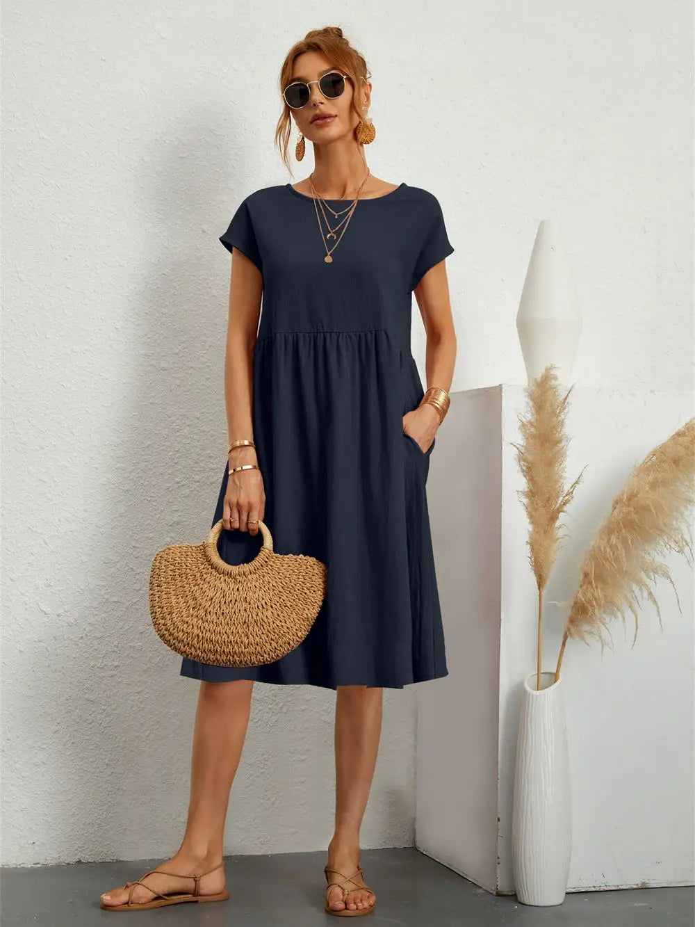 Odessa navy round neck short sleeve midi dress with pockets, front view