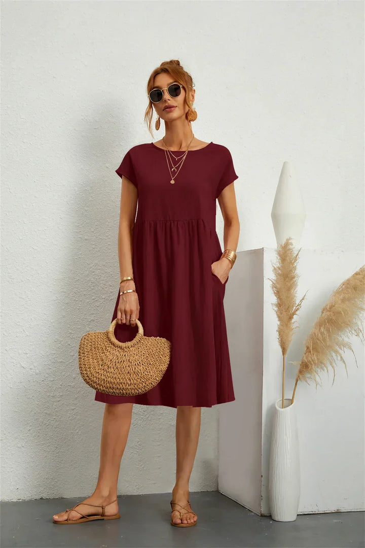 Odessa burgundy round neck short sleeve midi dress with pockets, front view