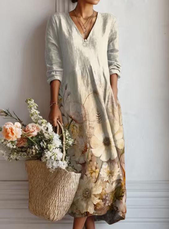 Rosalind boho floral V-neck midi dress in cream floral print, front view