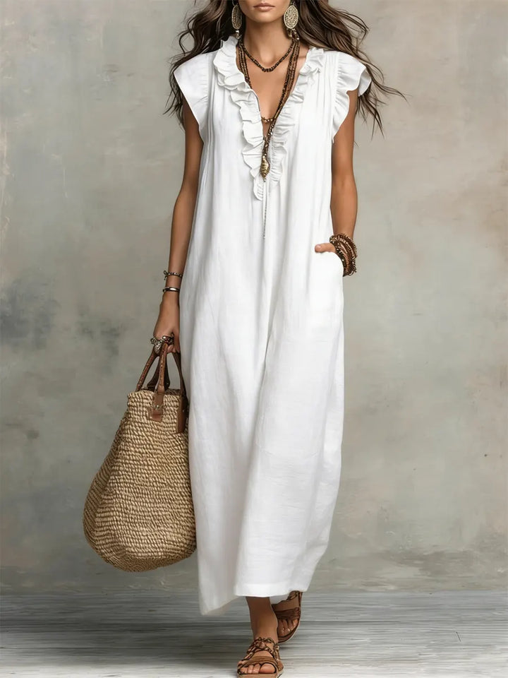 Rosalind white boho ruffle V-neck maxi dress, full length front view