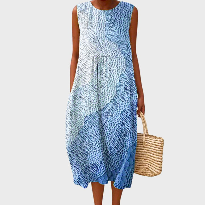 Rosalind printed sleeveless maxi dress, front view in blue textured ombre pattern