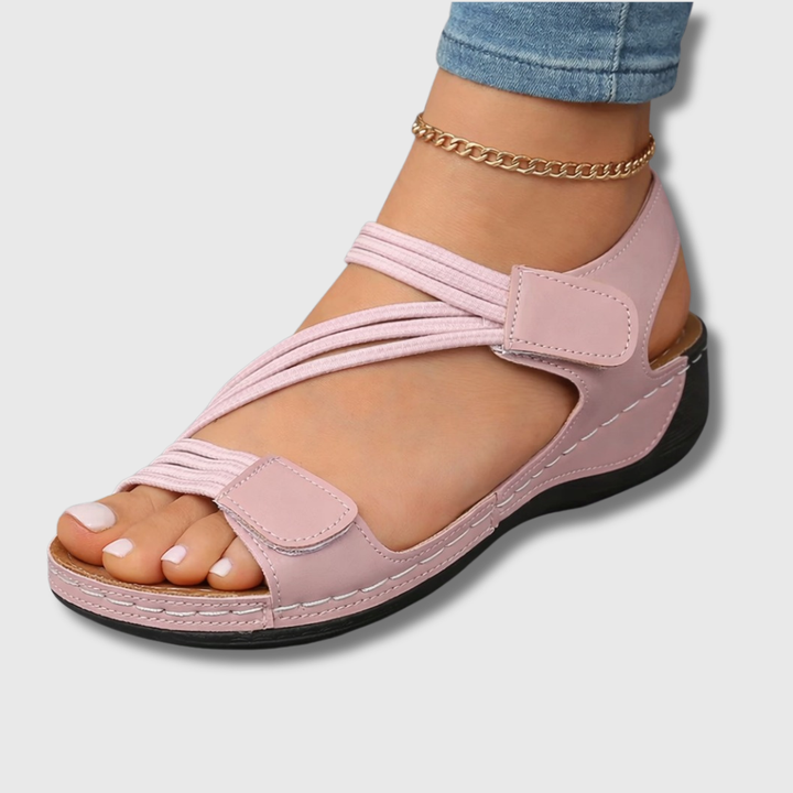 Rosalind strappy adjustable wedge sandals in pink, worn on foot