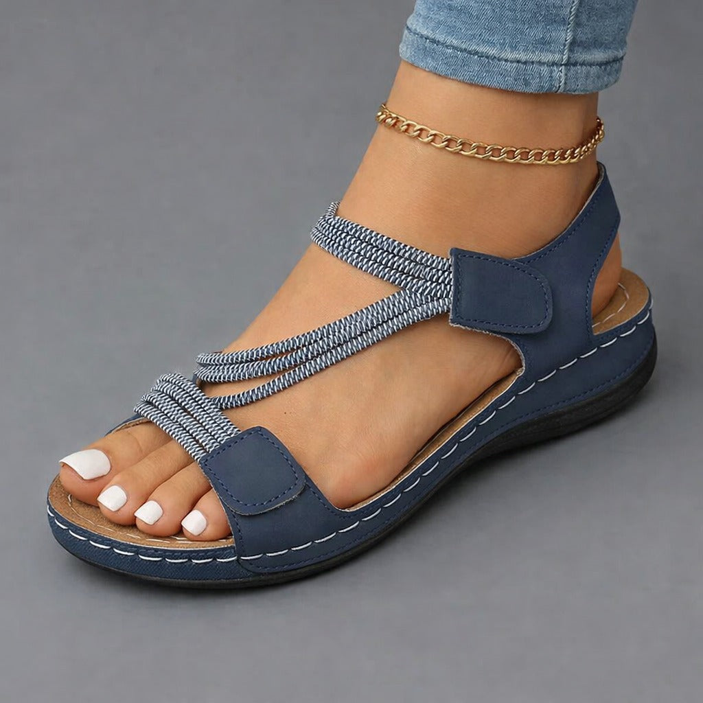 Rosalind strappy adjustable wedge sandals in navy, worn on foot