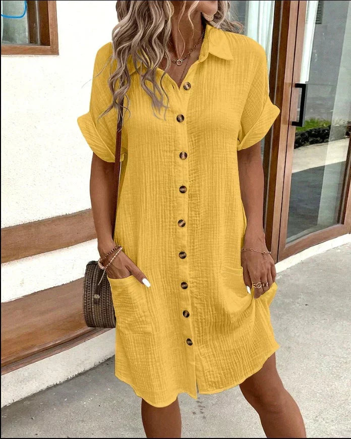 Sylvie yellow button-down shirt dress with front pockets, front view