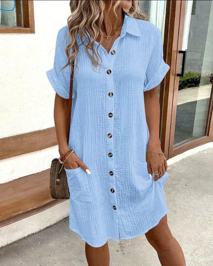 Sylvie light blue button-down shirt dress with front pockets, front view