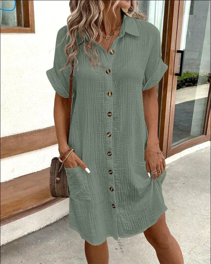 Sylvie sage green button-down shirt dress with front pockets, front view
