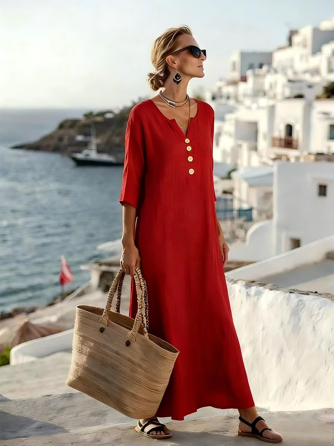 Vivienne button front maxi dress in red, side view by the sea