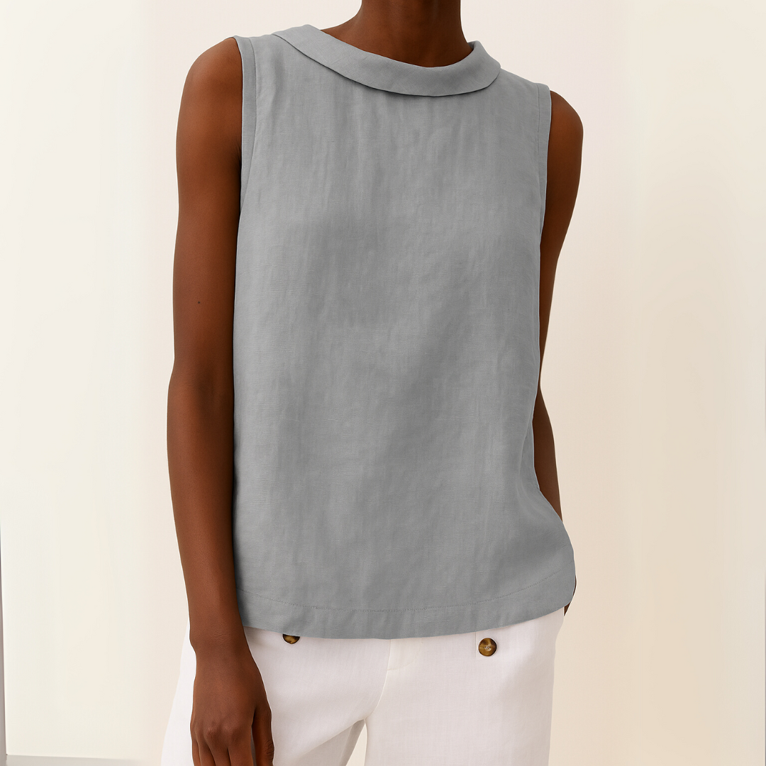 Wilhelmina roll collar sleeveless top in grey, front view