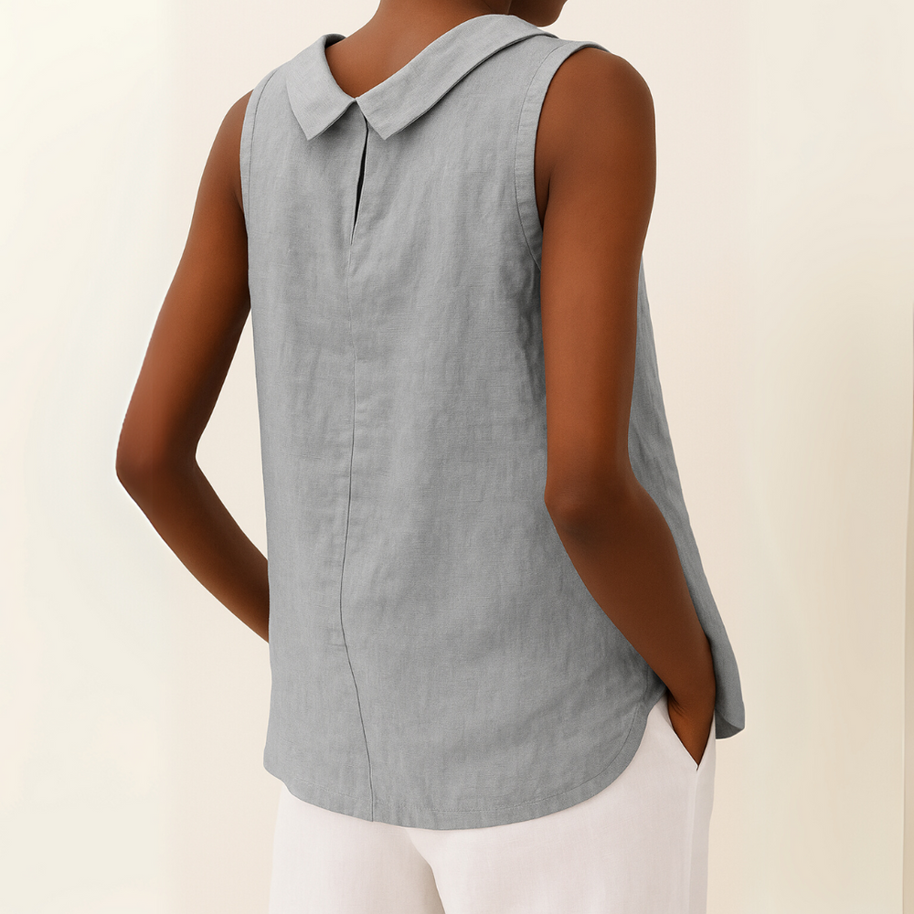 Wilhelmina roll collar sleeveless top in grey, back view showing keyhole detail