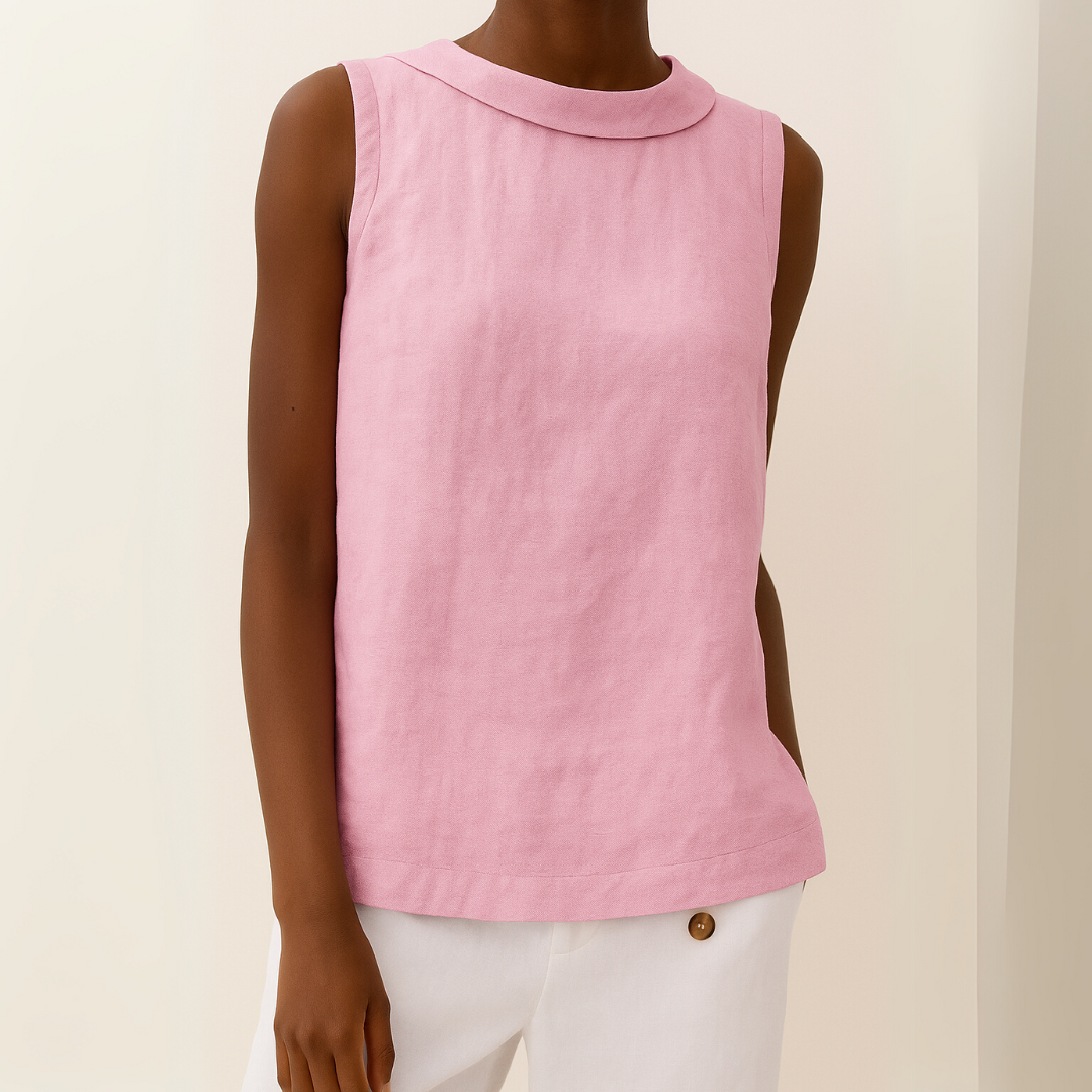 Wilhelmina roll collar sleeveless top in pink, front view