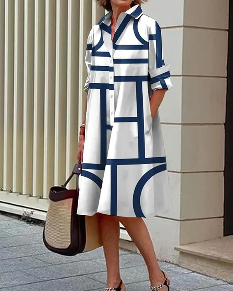 Wren shirt dress styled walking, front view with tote bag